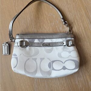 Coach Silver and White Signature Wristlet with Metallic Strap